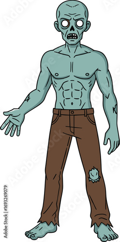 Cartoon shirtless zombie character, scary undead monster illustration, Halloween horror creature design, spooky walking dead vector art, cad drawing flat vector illustration