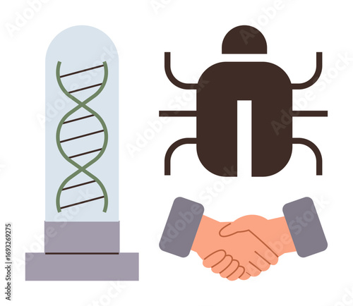 DNA double helix in glass cylinder, stylized microbe insect, handshake symbolizing partnership. Ideal for science, biotech, microbiology, innovation, collaboration, genetic biology research themes