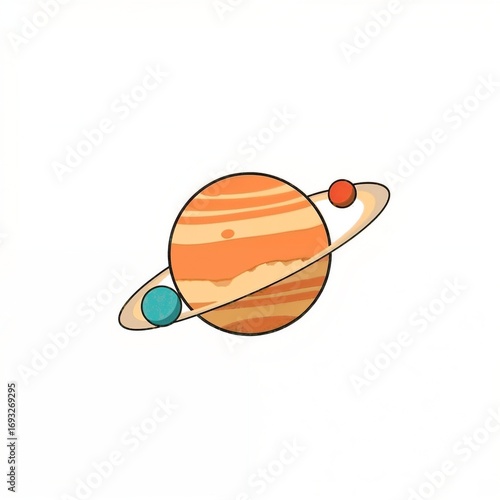 Planet with rings and moons isolated on white background with copy space
