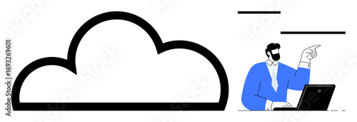 Large cloud icon alongside a professional gesturing while using a laptop for collaboration and online communication. Ideal for technology, cloud services, IT solutions, collaboration, data storage