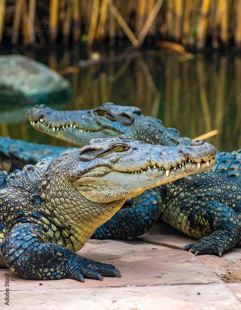 Fototapeta premium Two crocodiles resting near water
