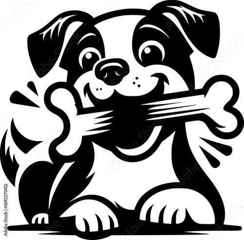 Minimalist black and white vector icon of a dog biting a bone, clean lines, modern style, scalable, perfect for stickers, logos, or digital use.
