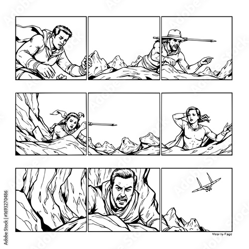 Minimilist comic strip showing a man a woman and a plane in a desert landscape with rocky mountains in black and white vector