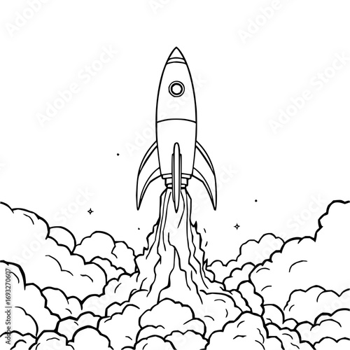 Minimilist a black and white drawing of a rocket launching with smoke and clouds around it in a simple line art style vector