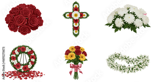 Beautiful Funeral Wreaths Bouquets and Cross arrangements isolated on transparent background for somber occasions