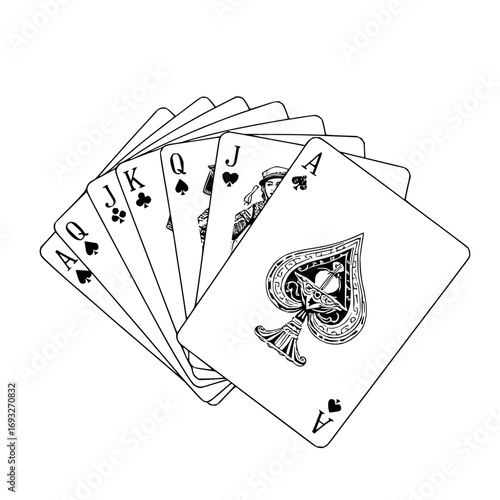 Minimilist a royal flush illustration featuring a hand of playing cards with ace king queen and jack symbols shown vector