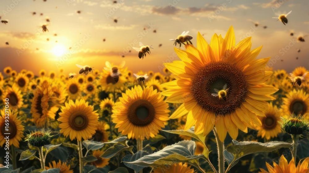 Fototapeta premium Sunflowers and bees at sunset