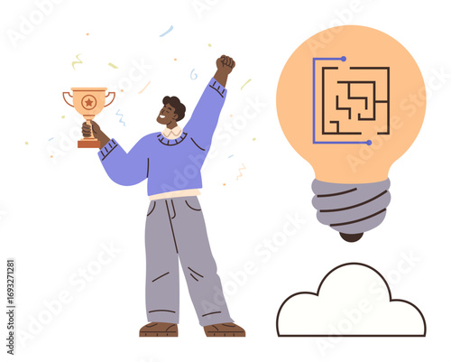 Man holding trophy in triumph next to a glowing lightbulb with digital circuit design and cloud. Ideal for success, innovation, creativity, problem-solving, teamwork, technology, motivation. Simple
