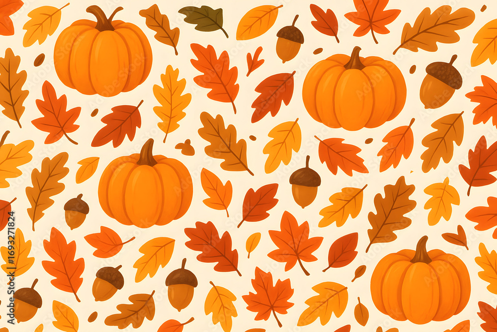 seamless pattern of autumn pumpkins, acorns, and leaves in warm tones