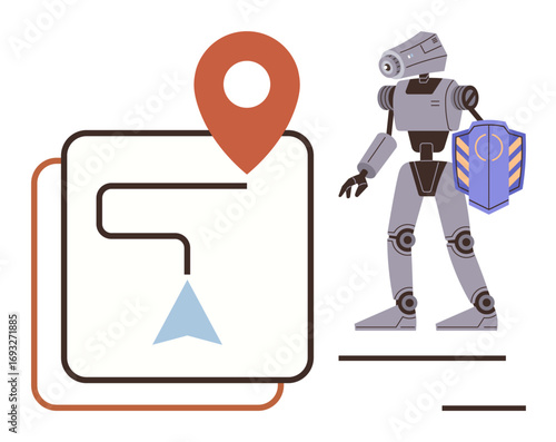 Autonomous robot with shield securing a GPS navigation route and location pin. Ideal for technology, navigation, security, AI innovation, robotics, future concepts, digital safety themes. Simple flat