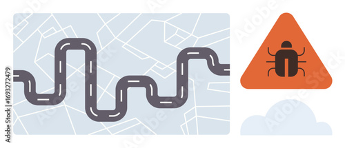 Winding road map paired with a triangular warning sign featuring a bug icon, symbolizing challenges and system issues. Ideal for software debugging, cybersecurity, navigation, troubleshooting