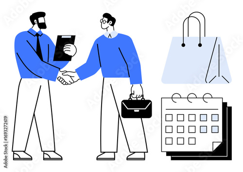 Professional handshake between two individuals one has a clipboard, other carries a briefcase. Additional elements include a shopping bag and a calendar. Ideal for commerce, negotiation, scheduling