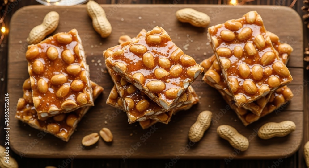 Obraz premium Delicious Homemade Peanut Brittle Candy Bars With Roasted Nuts