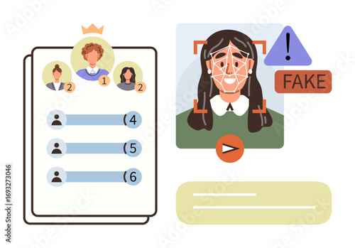 Facial recognition scan with fake alert, leaderboard with ranking and crowns. Ideal for technology, AI, security, fraud prevention, identity, ranking systems cybersecurity. A simple flat metaphor