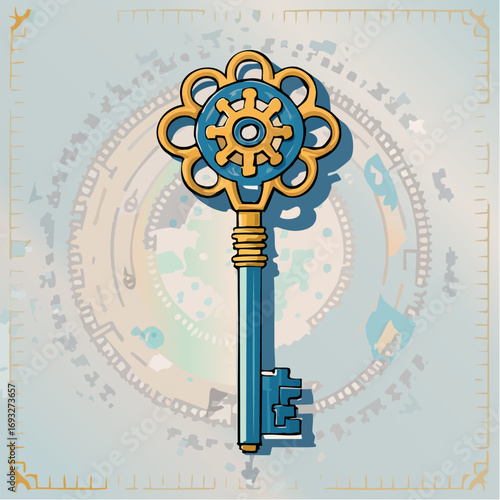 Vintage Blue And Gold Key With Gears