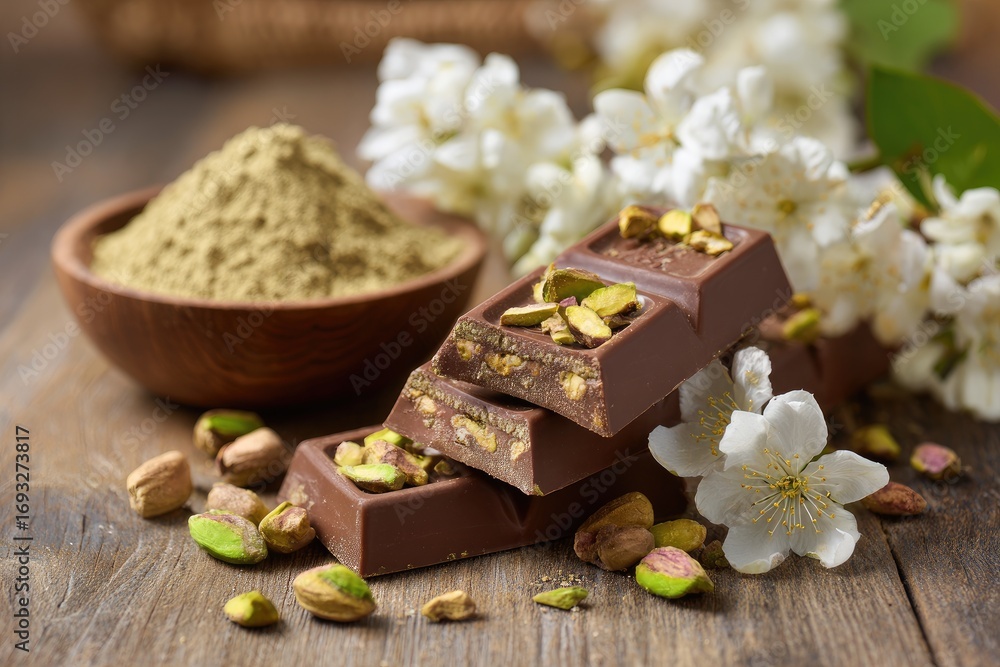 Fototapeta premium Dark chocolate with pistachios and flowers