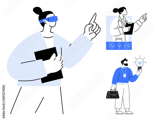 Diverse professionals including a VR user pointing upward, doctor in a teleconference, and businessperson with a suitcase and lightbulb. Ideal for technology, healthcare, innovation themes, simple