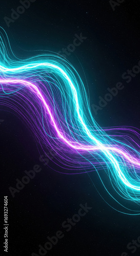 Abstract glowing blue and purple light wave on black background, vibrant energy flow, futuristic digital art, dynamic motion, high fidelity, modern technology concept