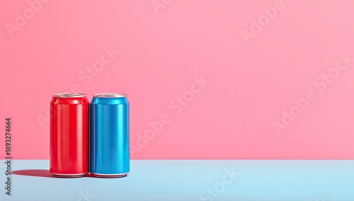 Two colorful soda cans on a pastel background