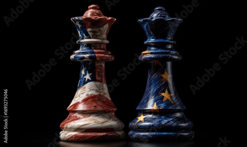 Two chess queens, one with the US flag design, the other with the EU flag design, face each other against a black background