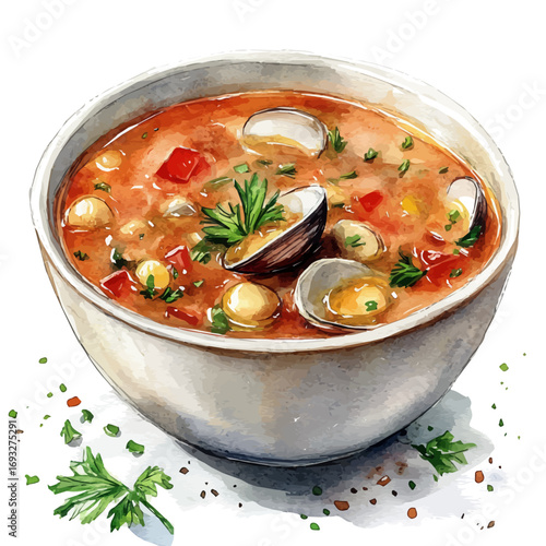 Clam Chowder, watercolor illustration vector, isolated on a white background.