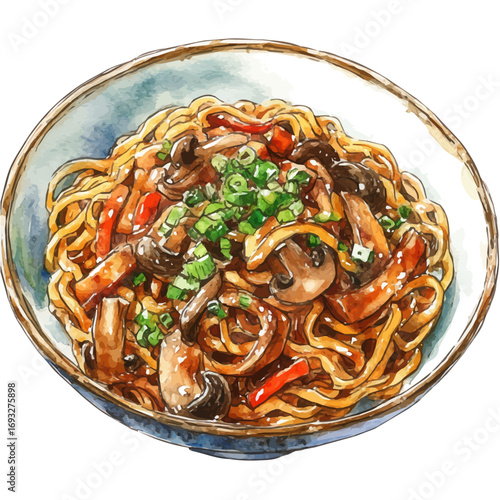 Chow Mein, watercolor illustration vector, isolated on a white background.