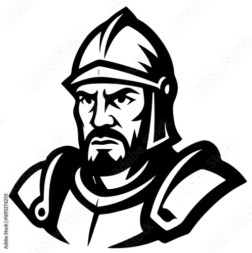 Armor-clad warrior with a stern look in vector style