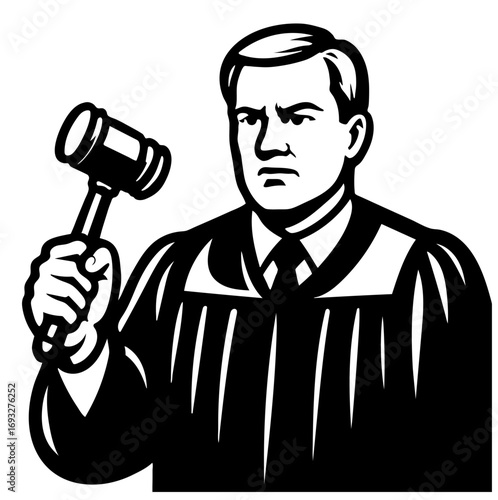 Judge holding gavel in courtroom setting during legal proceedings