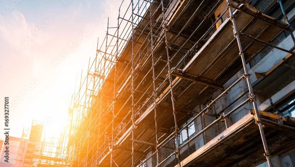 Fototapeta premium Modern building facade under construction with scaffolding illuminated
