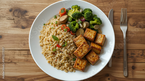 Low-calorie vegan meal with steamed vegetables quinoa and grilled tofu on a white plate top view high detail clean presentation realistic stock photo