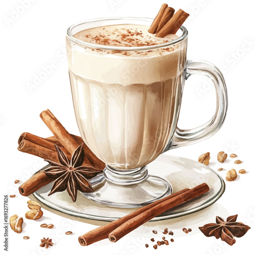 watercolor vector of Chai Latte, isolated on a white background.