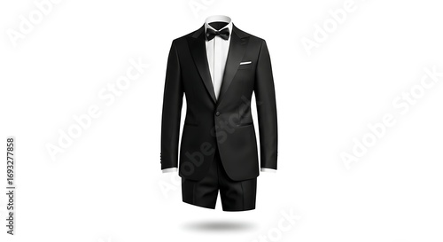 Elegant black tuxedo with bow tie and pocket square, floating against a white background. Formal attire for special occasions.