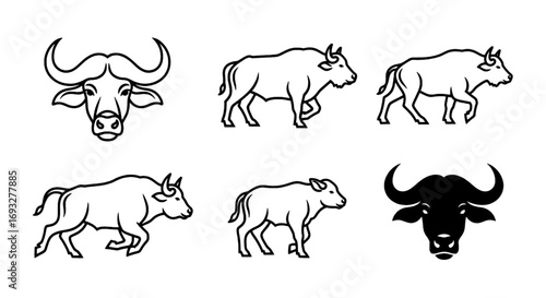 Collection of stylized buffaloes and buffalo head icons, perfect for graphic design