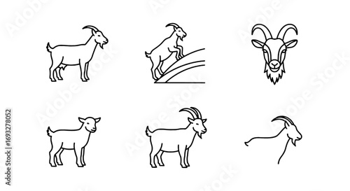 Collection of goat and ram line art icons for farm animal and livestock vector illustration sets