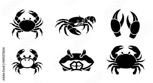 Versatile collection of black crab silhouettes and marine crustacean icons for graphic design