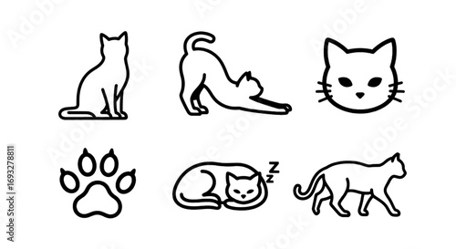 A simple vector icon set of cats showing different feline poses, including a paw print and a face