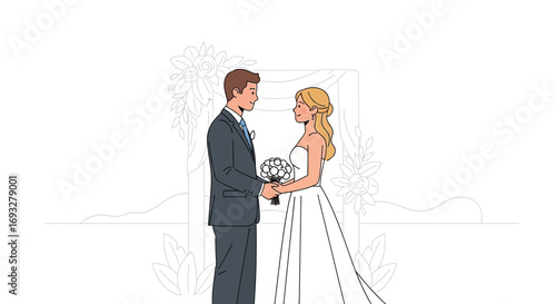 Bride and groom hold hands during their wedding ceremony in a romantic moment, suitable for wedding blogs, invitations, and cards.