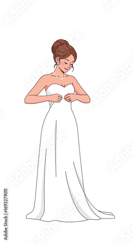 Bride adjusting white wedding dress bust. Suitable for bridal magazines, wedding planners, dress designers, and formalwear websites.