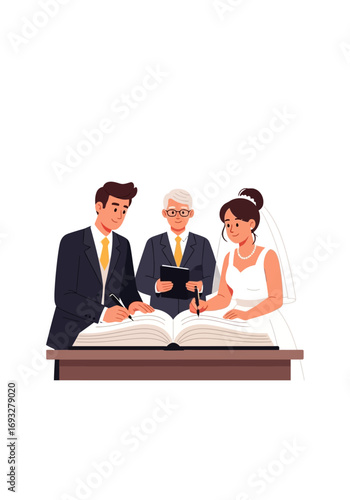 Bride, groom, and officiant signing marriage register at wedding. Suitable for wedding planning websites or cards. Emotional moment captured.