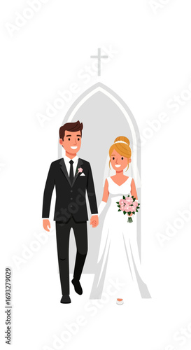 Newlyweds leaving church, happiness evident, symbolizes love, joy, wedding, marriage, celebration, couple, smiling, relationship, unity. Suitable for weddingrelated graphics.