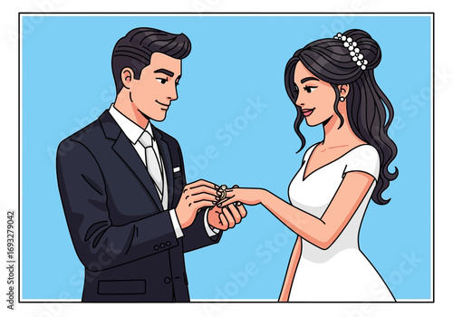 Celebratory moment of groom placing ring on brides finger. Ideal for wedding planners, event photographers, romantic greeting cards, and blogs.