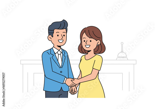 Man and woman shake hands happily over a white table. Suitable for business concept designs and presentations.
