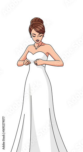 Bride in white dress adjusts top, wedding preparation concept. Suitable for bridal magazines, wedding planners, and marriage counseling websites.