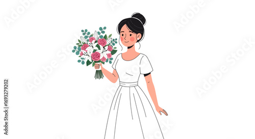 Elegant lady in white dress with a huge bouquet, perfect for beauty, fashion, wedding, bride, spring, celebration concepts.