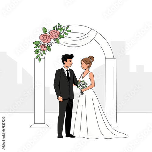 Bride and groom stand beneath a beautiful floral wedding arch, creating a romantic and elegant backdrop for wedding invitations or advertisements.
