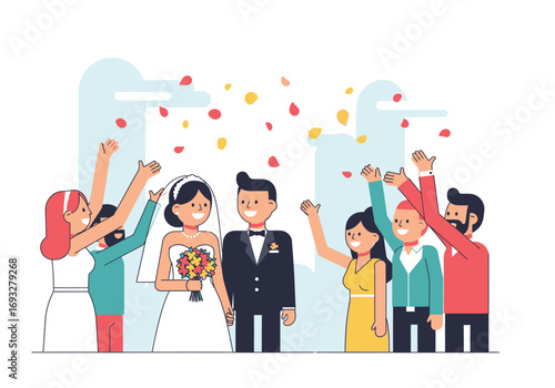 Smiling bride and groom surrounded by guests at wedding ceremony. Suitable for weddingrelated designs, invitations, and celebrations projects.