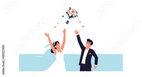 Wedding scene of bride tossing bouquet to guests. Suitable for wedding planning, event coordination, bridal magazine, floral arrangements, and event photography.
