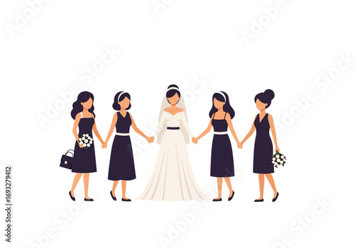Wedding photo of bride and bridesmaids holding hands happily, ideal for wedding invitations, bridal magazines, and commercial wedding services.
