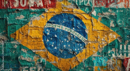 Cracked Brazilian flag on a weathered wall