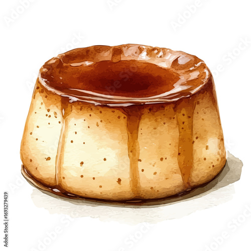 Caramel Flan, watercolor illustration vector, isolated on a white background.